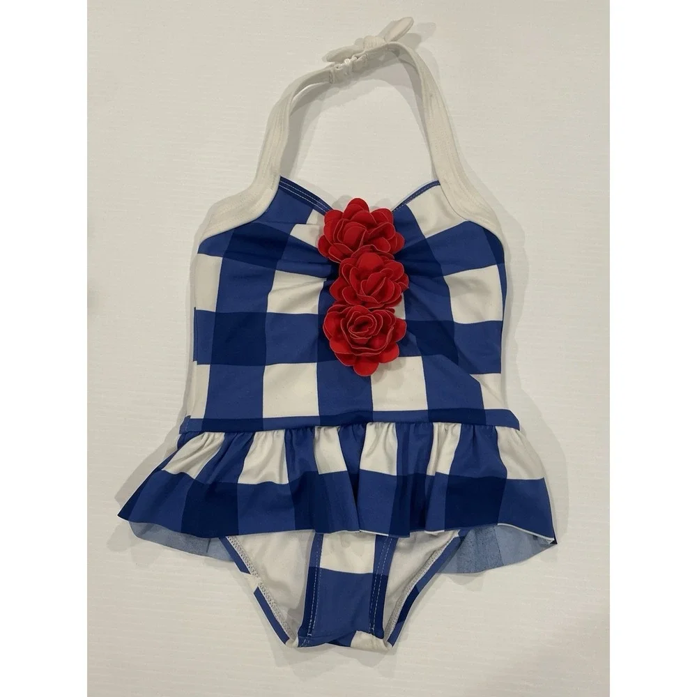 Janie and Jack blue white plaid check Red Flowers swimsuit baby girl 2T July 4th